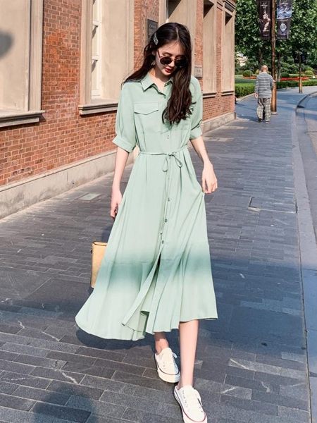 流行超仙魚尾襯衫連衣裙女新款夏收腰顯瘦雪紡氣質過膝長裙子