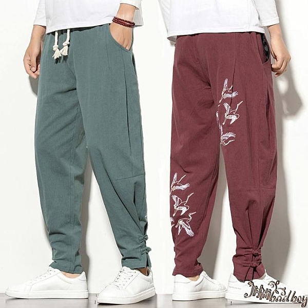 中國風男裝亞麻復古風漢服褲子大碼寬鬆中式棉麻刺繡唐裝哈倫褲秋