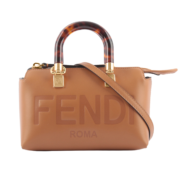 【FENDI】By The Way Logo 壓印皮革迷你二用波士頓包(棕色) 8BS067 ABVL F0NYJ