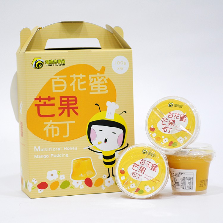 ●添加自家產百花蜜，香氣滿點！●嘗起來微酸中帶點甜，是恰到好處的黃金比例！●含有芒果的香氣與滋味，讓酸甜的黃金比例滋味更上一層樓！品名：百花蜜芒果布丁內容物：百花蜜芒果布丁成分：水、蜂蜜、砂糖、椰果、