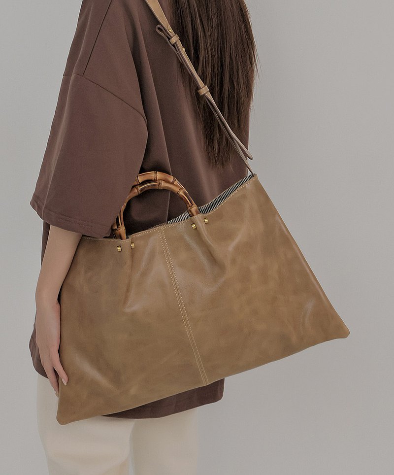 supportingrole竹節造型 真皮3層真皮托特包 咖啡