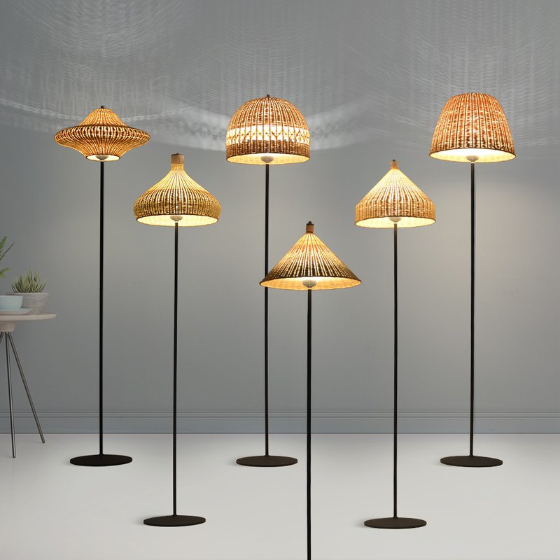 田園竹編燈 客廳臥室餐廳茶樓 可旋轉燈罩 遙控按鈕竹編落地燈