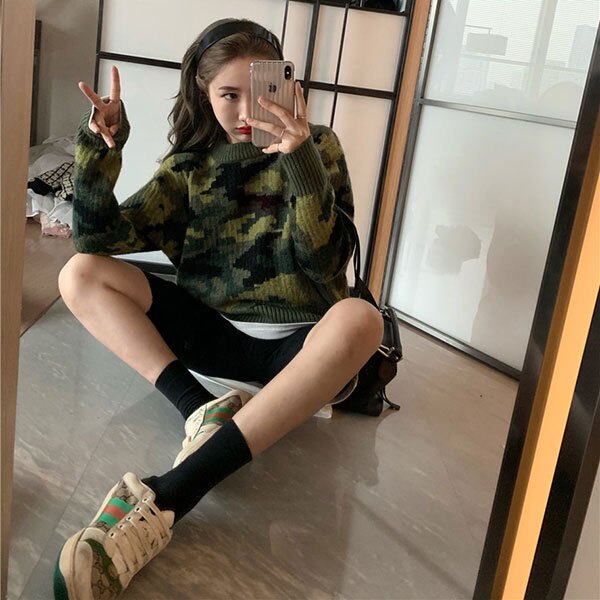 綠色 迷彩 毛衣 針織衫 長袖 上衣 T 韓國 ANNA S.
