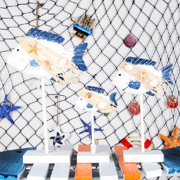 地中海風格親子魚擺件套三木質魚兒創意家居裝飾工藝擺設客廳裝飾1入