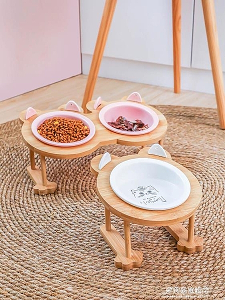 貓碗雙碗貓糧盆貓咪用品陶瓷寵物狗飯碗飲水斜口架保護頸椎貓