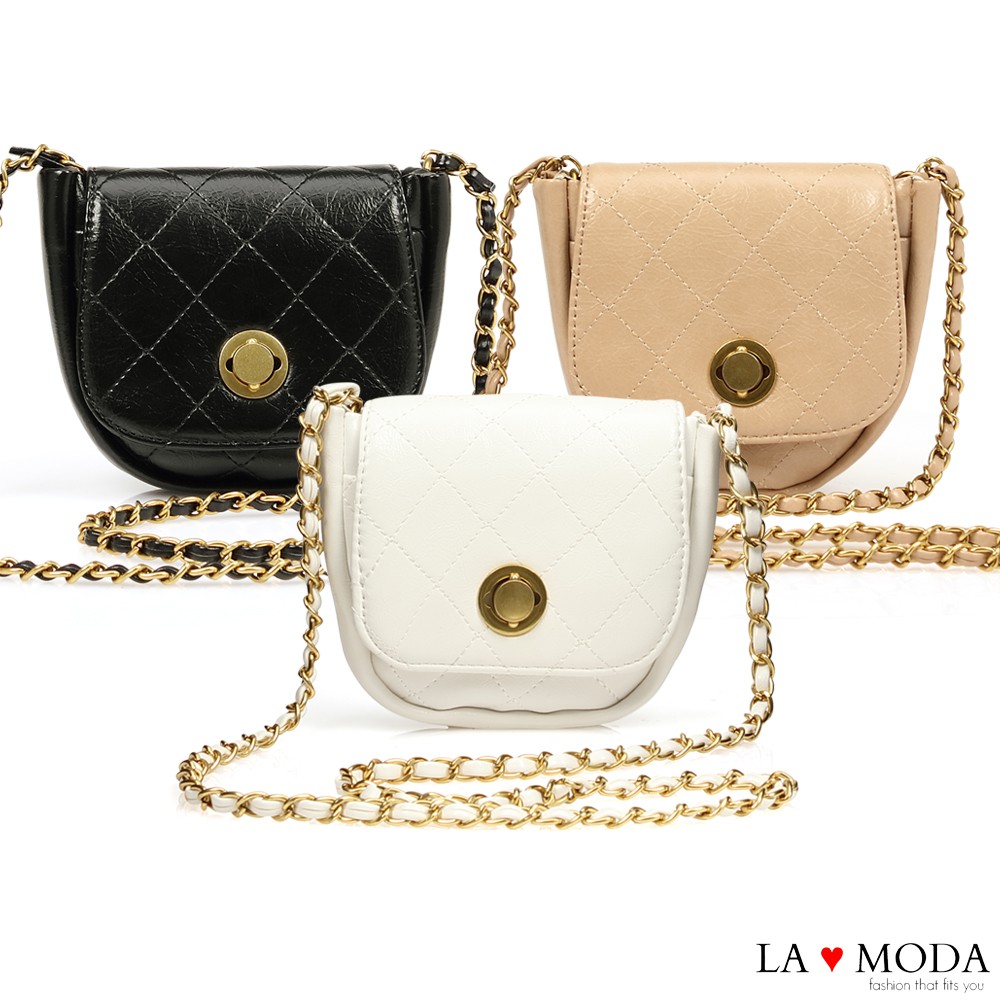 La Moda 小香風宴會約會首選菱格紋旋鈕鍊帶肩背斜背小方包(共3色)