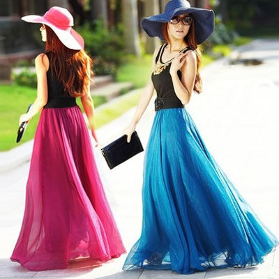 雪紡長裙大擺飄逸半身裙.沙灘裙夏季16色多種穿法（裙長）ZM2F-B139-1紅粉佳人