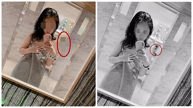 1名年輕妹子在浴室鏡子前自拍，沒想到後方2位妹子無辜被入鏡。(圖／翻攝自陸網)