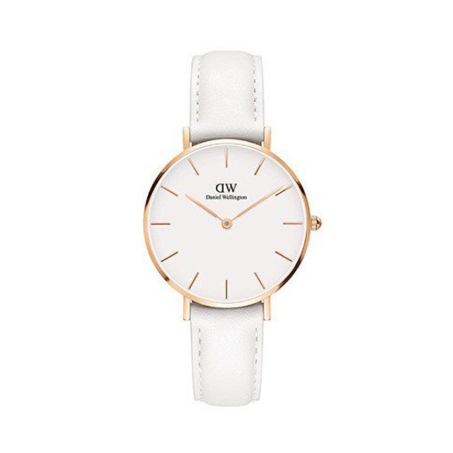 【Daniel Wellington】PETITE瑞典時尚品牌經典簡約真皮腕錶-天使白x玫金-32mm/DW00100189