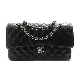 【CHANEL 香奈兒】經典菱格荔枝牛皮銀鍊轉釦COCO包(黑-25cm)