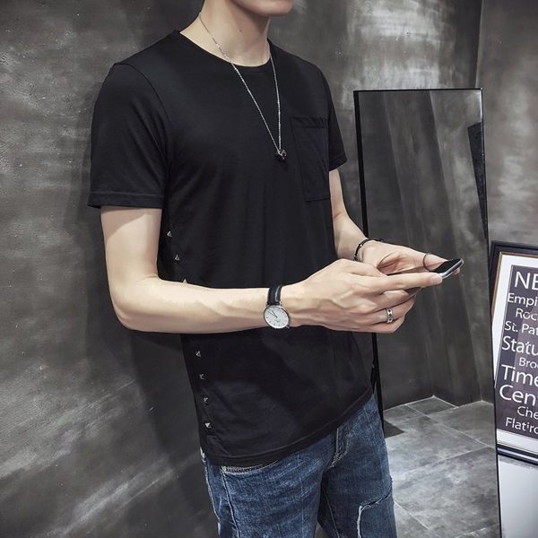 FINDSENSE H1 2018 夏季 新款 帥氣 鉚釘 簡約 短袖 修身