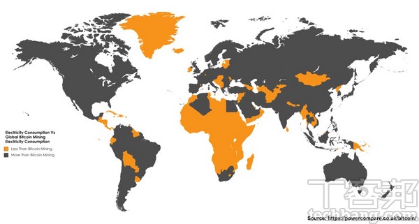 根據統計，比特幣過去一年的耗電量已超過圖中黃色國家和地區的耗電量。（圖片來自 powercompare.co.uk）
