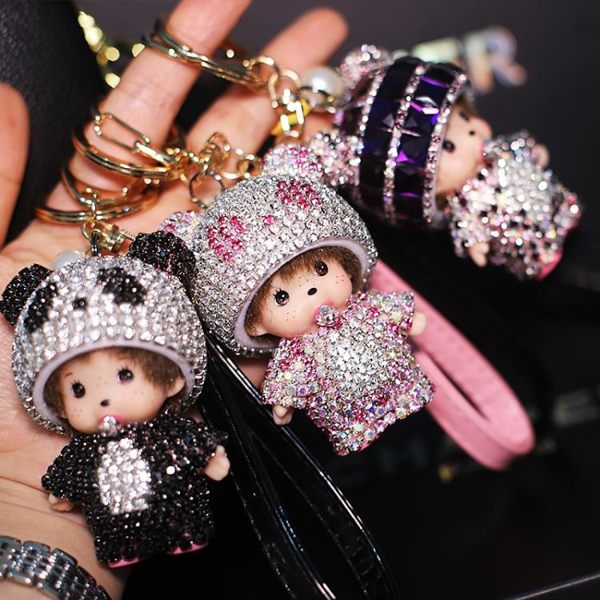 卡通可愛公仔鑲鉆汽車鑰匙扣包掛件水鉆車用鑰匙鏈女車載鑰匙掛圈