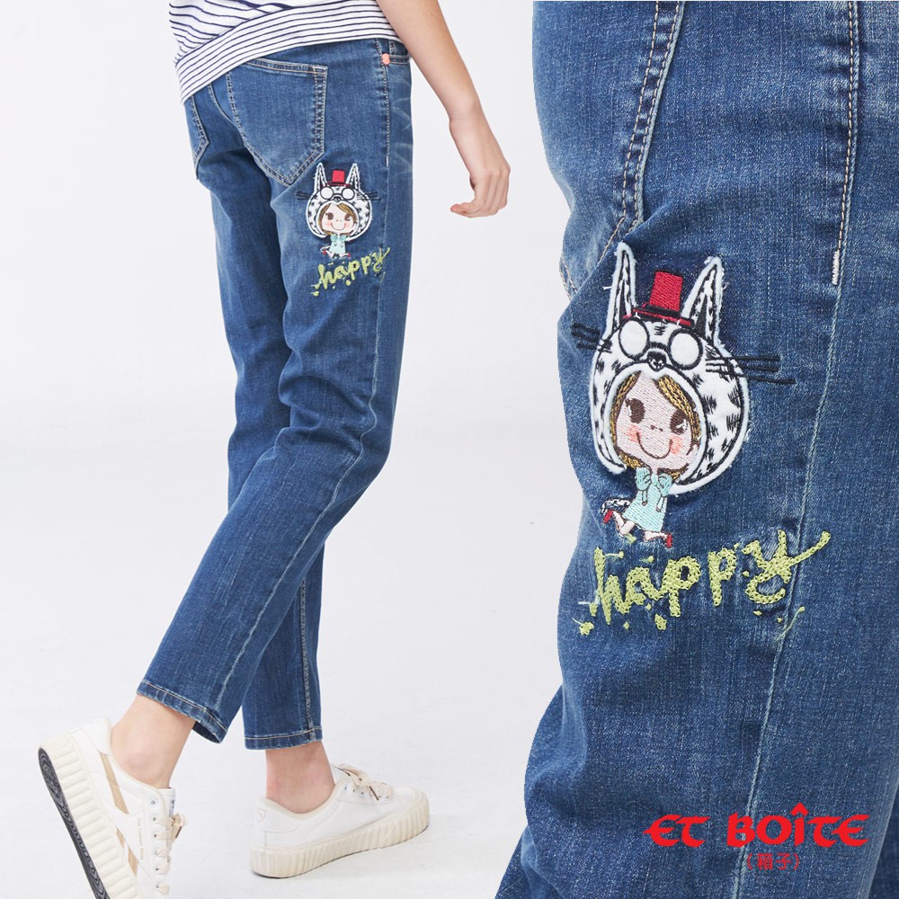 ET BOITE箱子-貓咪娃娃男友褲(深藍)