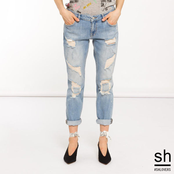 牛仔褲 中低腰淺色刷破男友丹寧褲/ SH
