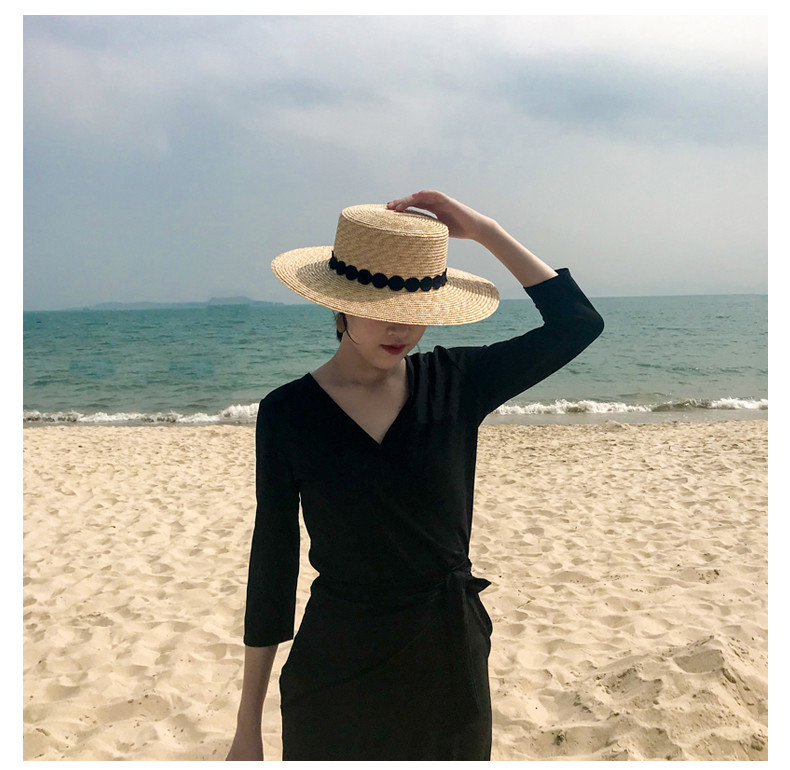 禮帽 平頂帽子女夏草帽小清新度假編織海邊沙灘帽防曬遮陽英倫禮帽快速出貨