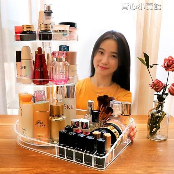 化妝品收納盒旋轉置物架梳妝臺透明亞克力口紅刷子護桌面整理抖音 育心小賣館