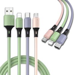 ◎JCZT 液態軟膠三合一充電線,不支援傳輸資料功能|◎適用Apple&Micro&Type C USB接頭 手機及平板電腦使用,線長約150公分|◎糖果配色,親膚線材,使用方式請參考網頁圖示說明品牌