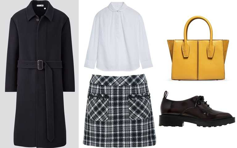 喜歡她的造型你可以這樣搭。UNIQLO JWA PJ雙面單排釦大衣／4,990元、Sandro小圓領白色襯衫／7,650元、mia mia黑灰白格紋花呢短裙／6,980元、TOD’S Holly黃色光滑牛皮手提包／54,500元、CHARLES&KEITH咖啡色綁帶鞋／1,790元(圖／品牌提供)
