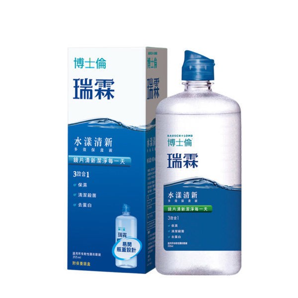 商品名稱：博士倫 瑞霖水漾清新多效保養液容量/規格：355ml/瓶許可證字號：衛署醫器輸字第021591號中文名稱：博士倫瑞霖水漾清新多效保養液英文名稱：Bausch+ Lomb ReNu Fresh