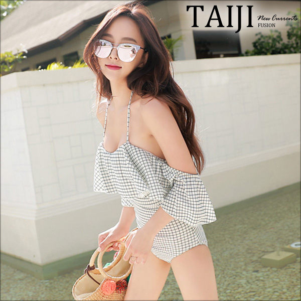 連身泳裝比基尼‧格紋荷葉邊露肩細肩帶連身泳裝比基尼