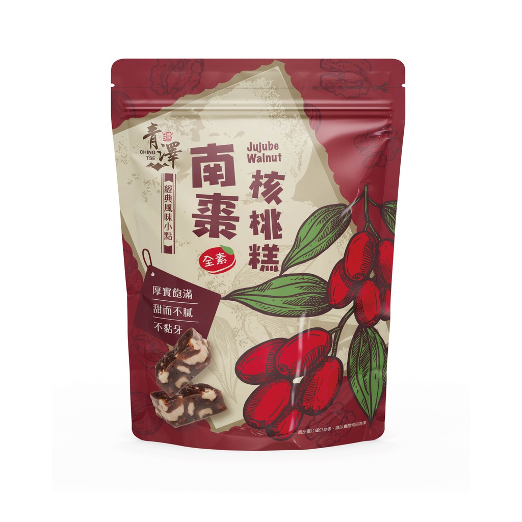 慢火熬煮成棗泥，精心挑選核桃，甜而不膩，口感軟硬適中、順口不黏牙。青澤CHING TSE2016~2018年連續三年榮獲臺東好物認證2017年網路票選十大網購美食2018年台灣品質保證金像獎2018年