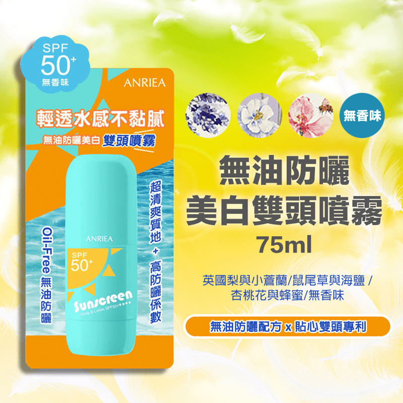 艾黎亞無油防曬美白噴霧，360度皆可噴灑，成分均勻霧化使用起來更別於氣壓瓶，安全安心又方便。防潑水0負擔，運動流汗也不怕。專屬香氛配方，植物精華安心成分，就想讓你從裡到外，潤、香、水、嫩！