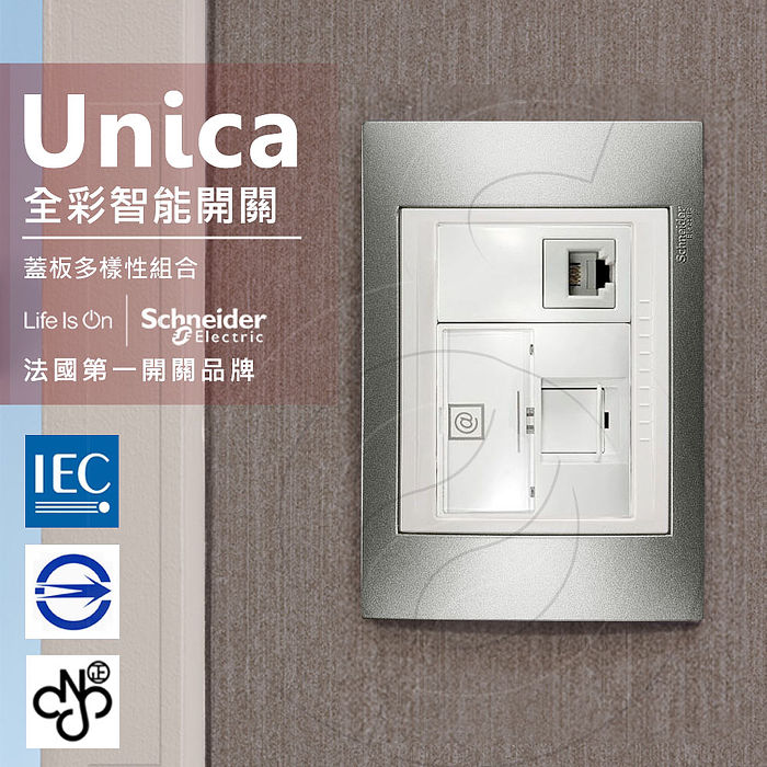 法國Schneider Unica Plus埋入式資訊網路/電話插座 ABS外框香檳灰