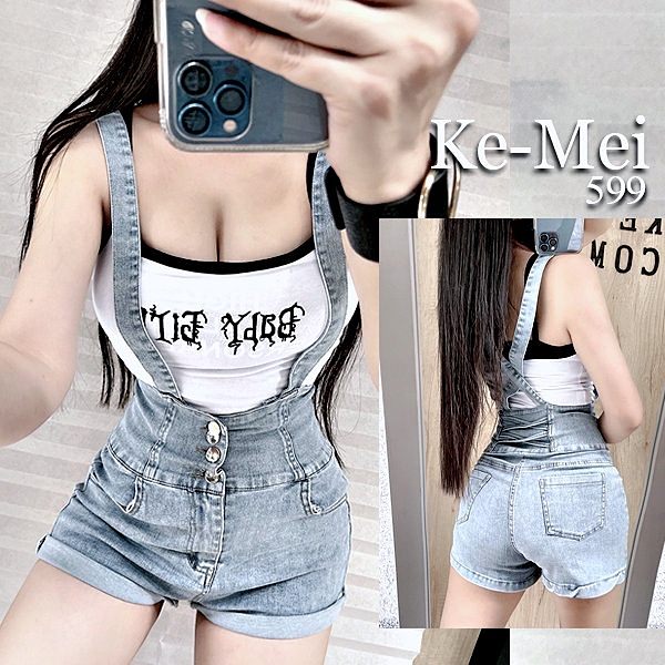 克妹Ke-Mei【AT68254】韓版chic設計風！美背交叉排釦彈力高腰吊帶牛仔褲