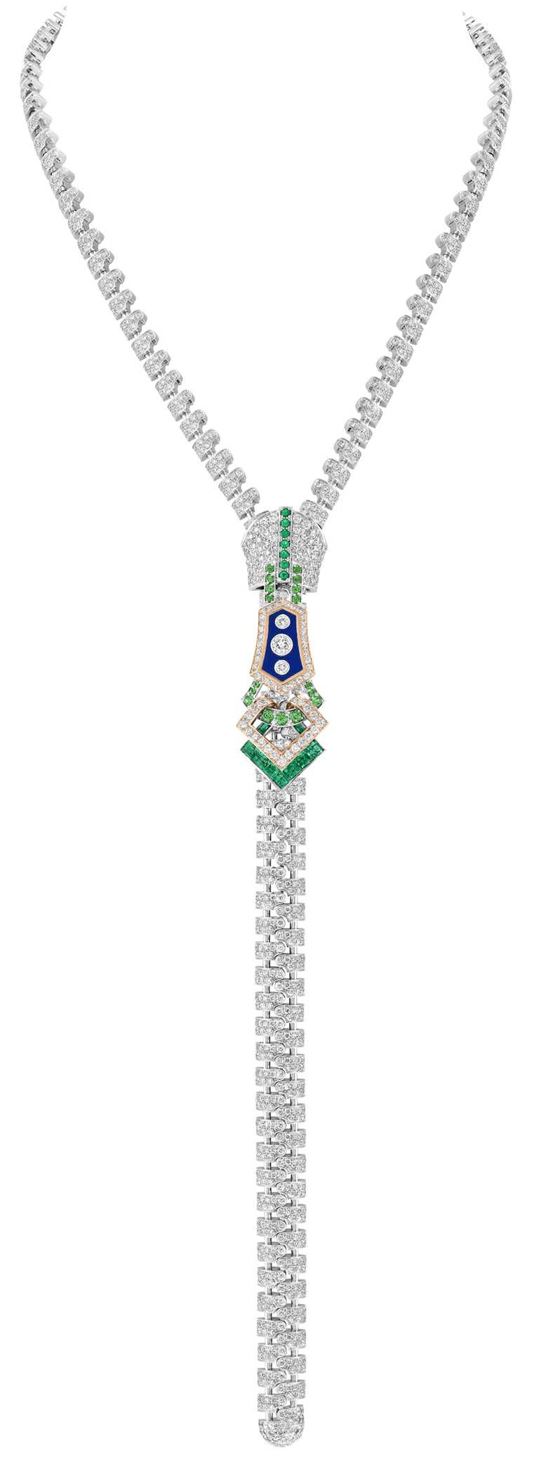 Van Cleef & Arpels「Zip Couture Delicate Buttons項鍊」，白K金、玫瑰金、祖母綠、沙弗萊石、青金石、鑽石，近日內即將抵台展示。（圖╱Van Cleef & Arpels提供）