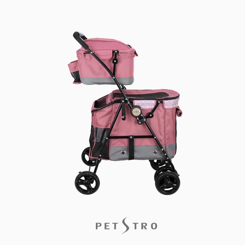 | 雙層座艙，獨立空間，多隻寵物一同出遊也能優雅閒適| 獨家單手收合設計，一秒完成收車，收納不占空間| 組裝簡單快速，不用工具也能輕鬆搞定| 可開式前門方便寶貝進出| 上方採用耐抓網格，維持座艙內空氣