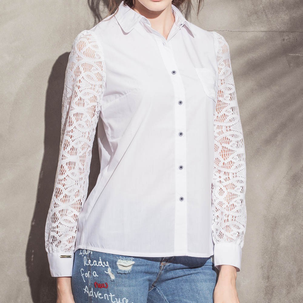 單色口袋造型蕾絲長袖襯衫 純淨白