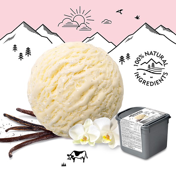 我們使用來自馬達加斯加熱帶森林的正宗波本香草。這種可持續生產的高品質香草，其獨特和略帶甜味的香氣與瑞士鮮奶完美融合。夢幻香草冰淇淋的獨家配方自1992年起，就是極受歡迎的口味，佈滿的波本香草籽就是這款