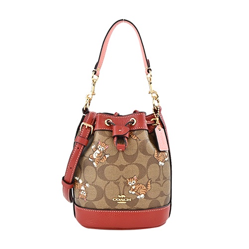 COACH 跳舞貓印花PVC拼接皮革手提/斜背兩用水桶包(迷你/卡其棕紅)｜100%原廠真品｜JS Maxx官方旗艦館