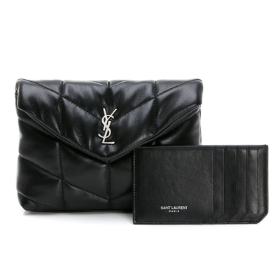 【YSL 聖羅蘭】SAINT LAURENT PUFFER LOULOU羊皮信封型手拿包 附卡套 (黑銀/小號)