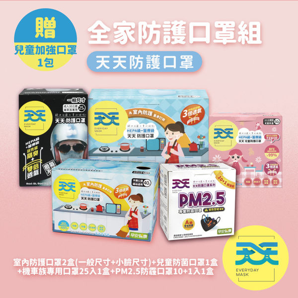 【全家防護口罩組】防霾口罩黑1盒+兒童醫用口罩1盒+機車族口罩1盒+室內防菌口罩及小臉款各1盒