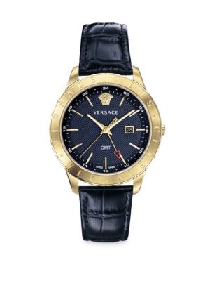 From the Glaze Collection. Striking croc-embossed strap accentuates bold goldtone bezel.; Chronograp