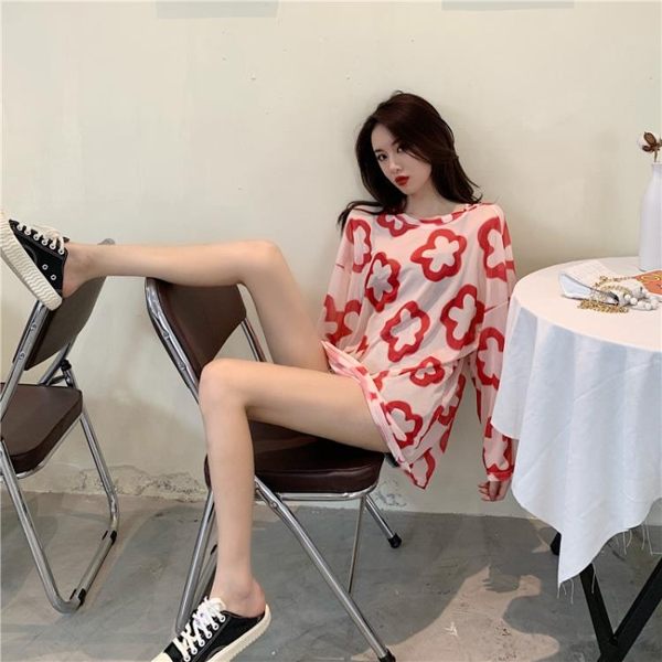 泫雅風透視防曬衫仙女中長款冰絲薄款套頭長袖T恤針織罩衫上衣夏