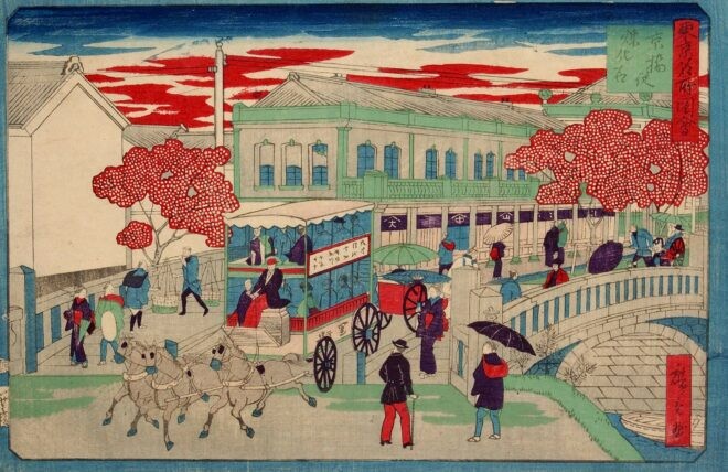 浮世絵 明治 文明開化 人力車 東京 銀座 煉瓦街 洋館 郵配達 警官 美人