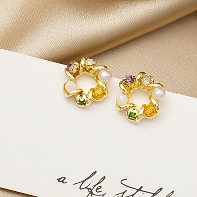 【HOT 本鋪】韓國風耳飾 925銀針 鏤空圓形鑲鑽寶石珍珠耳釘 新款復古宮廷風簡約耳環