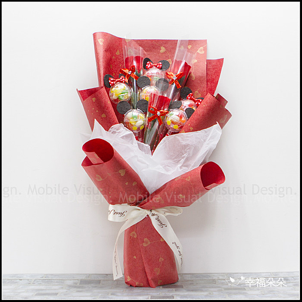 童心糖果花束(米奇米妮雷根糖6支+香皂花3支)紅色包裝MI003 畢業花束 玫瑰花束 情人節花束