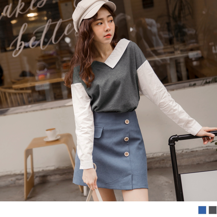 特殊的異材質拼接設計， 結合半襯衫領與V領的造型呈現時尚衝突感， 帶出富有巧思的設計感及穿衣品味， 簡單搭配下著輕鬆完成休閒潮流LOOK ! ************** 小提醒： 肩袖長是從左肩頂量