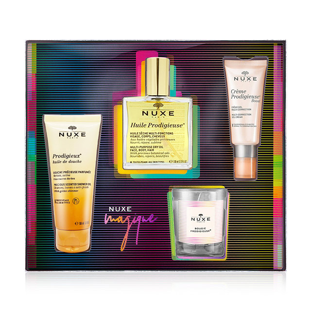 ■ NUXE限量禮盒套組■■ 交換禮物首選■■■ 海外航空版含內容物:全效晶亮精華油 100ml＊1沐浴乳 100ml＊1臉部乳液 40ml＊1蠟燭 70g＊1