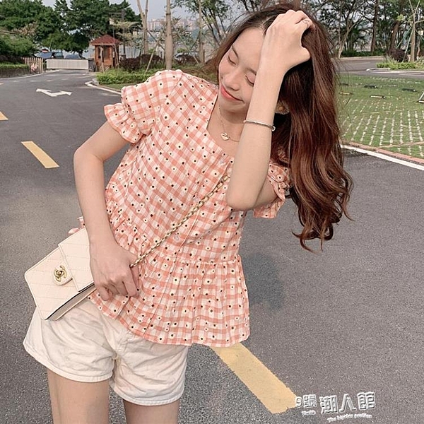 小碎花上衣甜美溫柔夏季方領法式短袖襯衫女小衫露鎖骨短款小清新