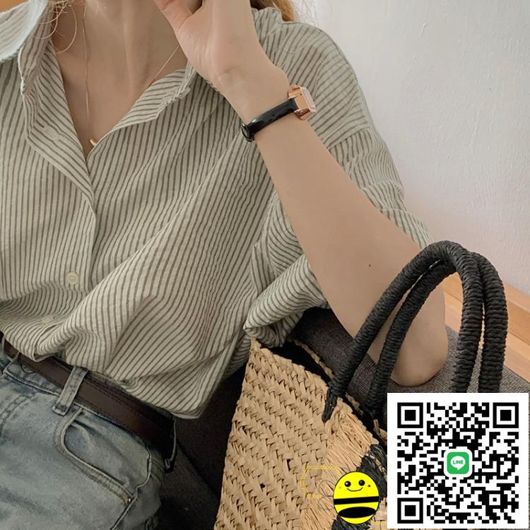 短袖襯衫 女韓風chic復古寬松慵懶風洋氣休閒百搭短袖polo領豎條紋襯衫上衣女【開心小蜜蜂】