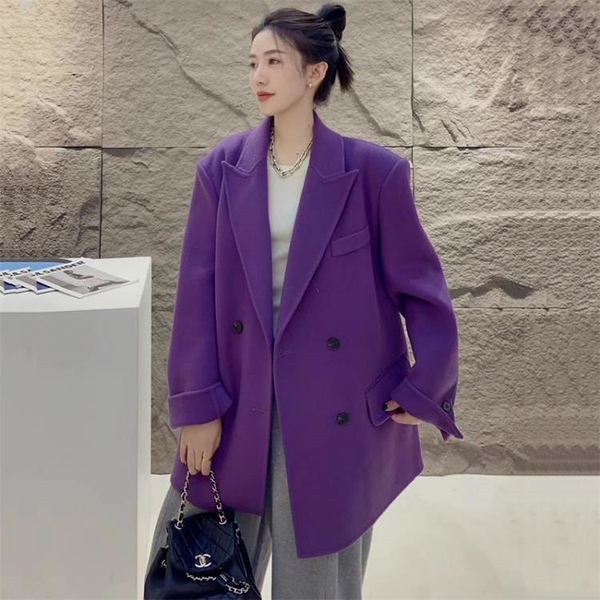 DearGod正韓女裝歐洲站2022秋冬歐貨墊肩雙排扣高級感一手長紫色雙面羊絨西裝外套