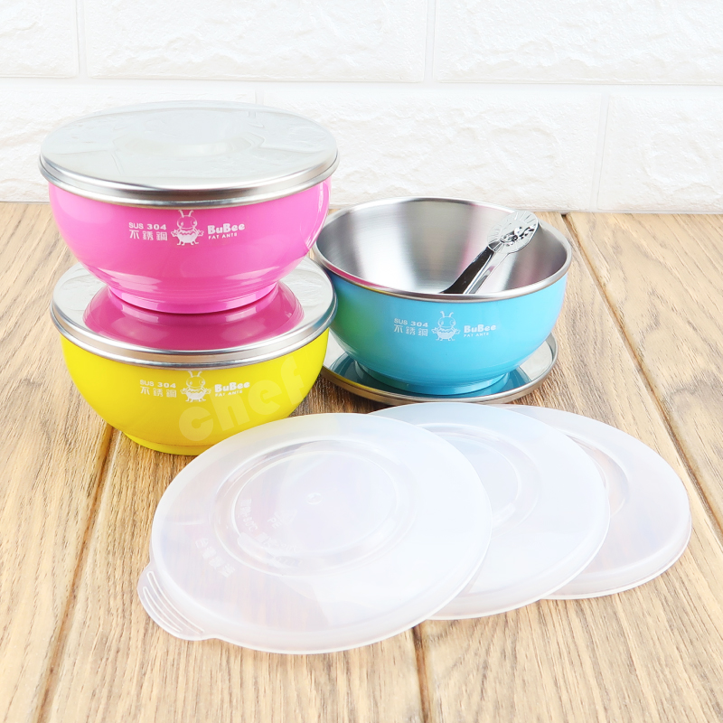 寶石牌香醇不銹鋼兒童隔熱碗雙蓋三入組塑膠蓋+不銹鋼蓋幼稚園碗三色各一-大廚師百貨
