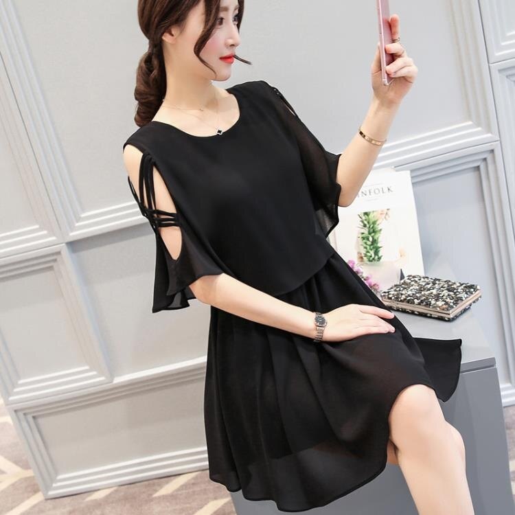 「樂天優選」露肩洋裝 夏季2019新款小清新露肩雪紡連身裙夏女裝韓版顯瘦氣質a字裙子