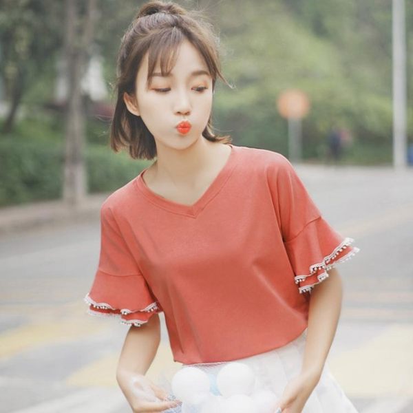 帛卡琪裝短袖清新純色荷葉邊花瓣袖T恤女生V領上衣女潮 茱莉亞嚴選