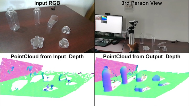 ClearGrasp（右下）能大幅提升辨識透明物體的準確度。
